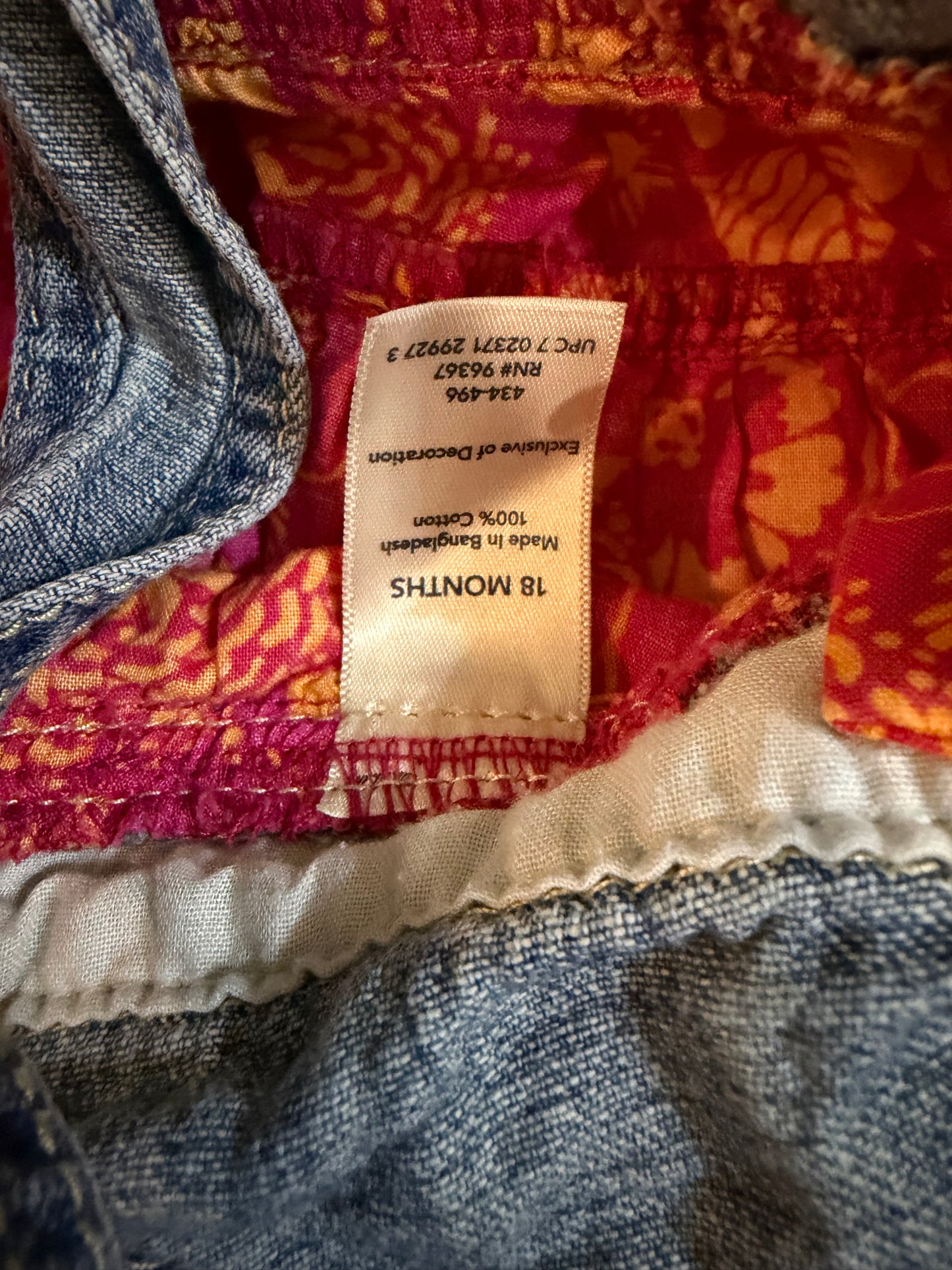 Denim Overall Dress w/ Bright Floral Ruffle Skirt — 18M