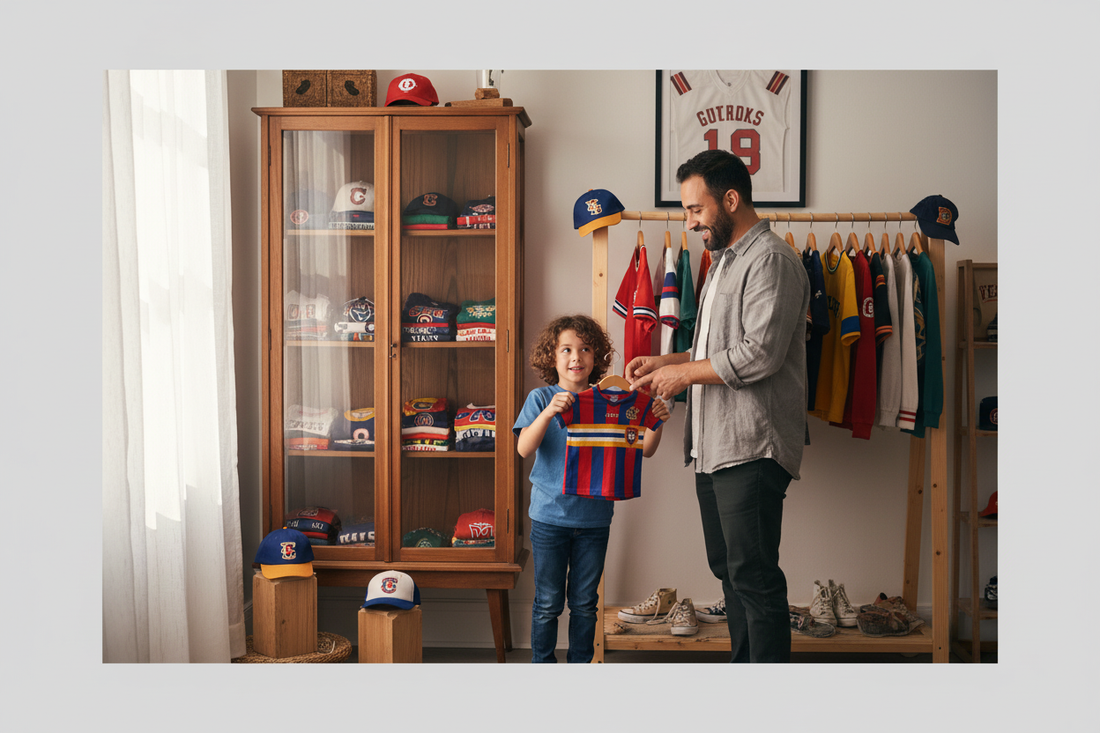 Father and son explore collectible children's sports apparel with vintage jerseys and hats for unique style