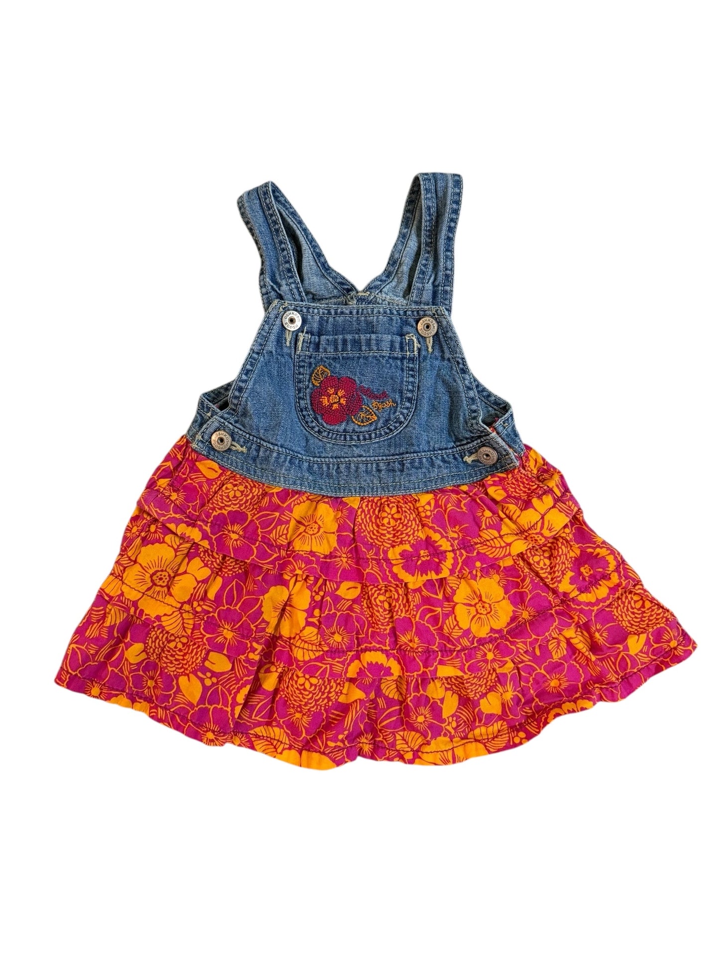 Denim Overall Dress w/ Bright Floral Ruffle Skirt — 18M
