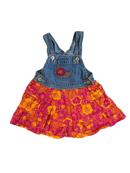 Denim Overall Dress w/ Bright Floral Ruffle Skirt — 18M