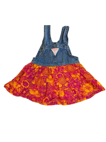 Denim Overall Dress w/ Bright Floral Ruffle Skirt — 18M