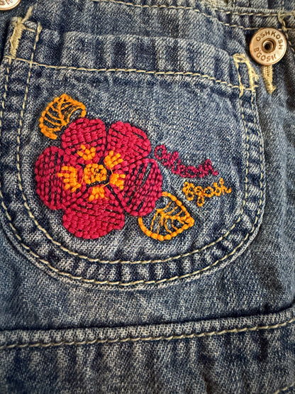 Denim Overall Dress w/ Bright Floral Ruffle Skirt — 18M