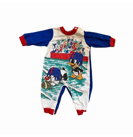 Vintage Baby Looney Tunes 12M Romper Colorblock 90s Daffy Sylvester Football