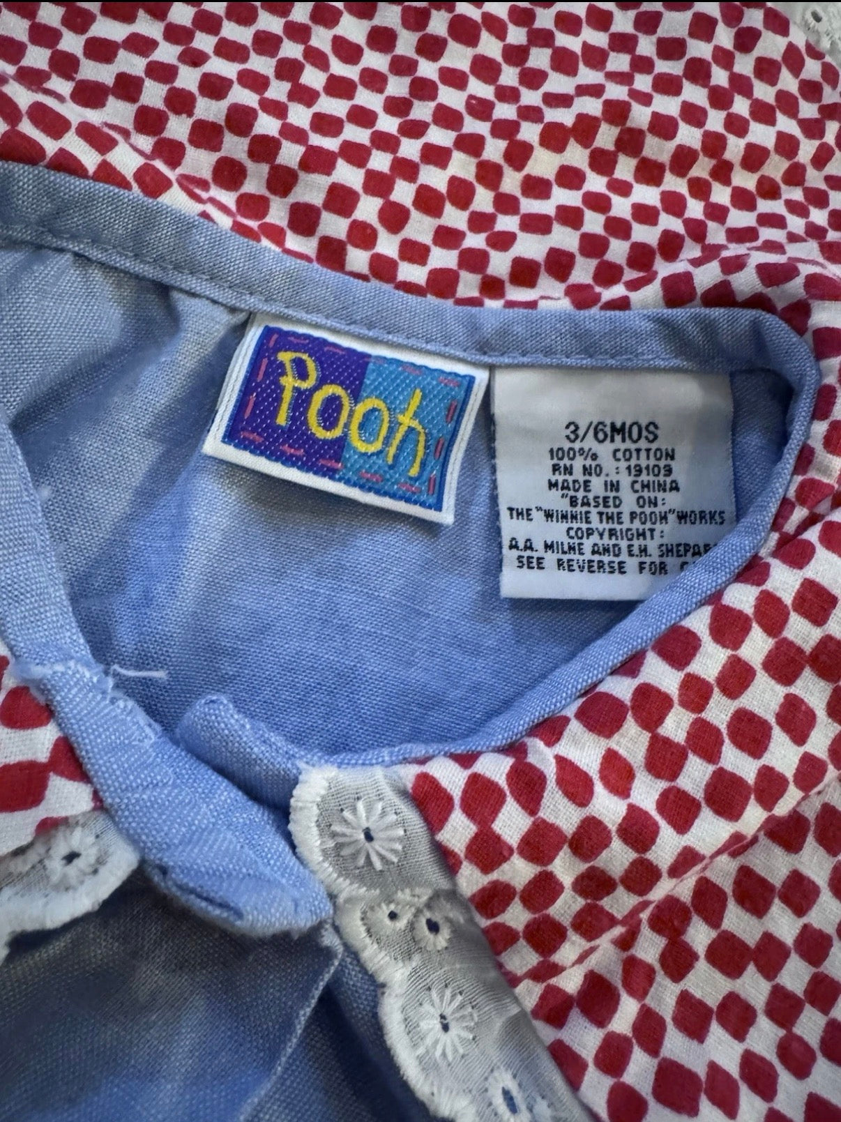 Vintage Y2K 90s Winnie The Pooh Baby Lace Gingham Bubble Romper 3/6 Months