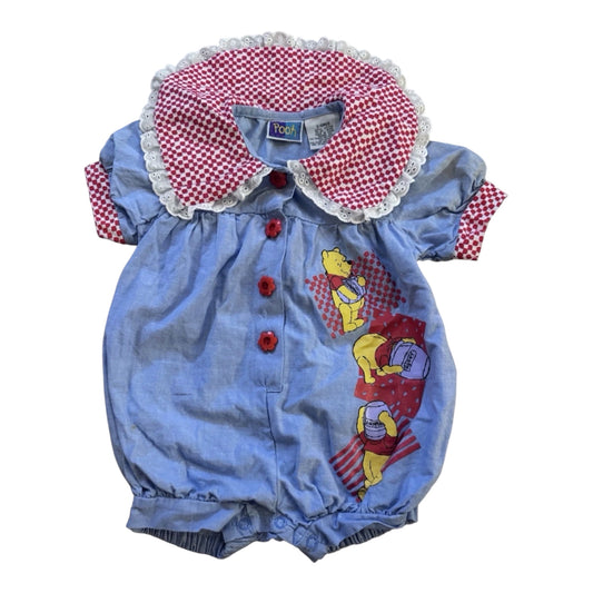 Vintage Y2K 90s Winnie The Pooh Baby Lace Gingham Bubble Romper 3/6 Months